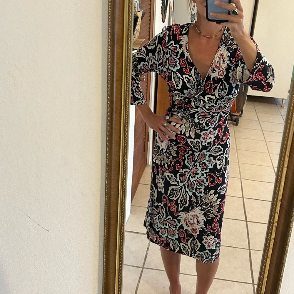 TORI RICHARD 100% Silk Floral Pattern Midi Wrap Dress Size 14